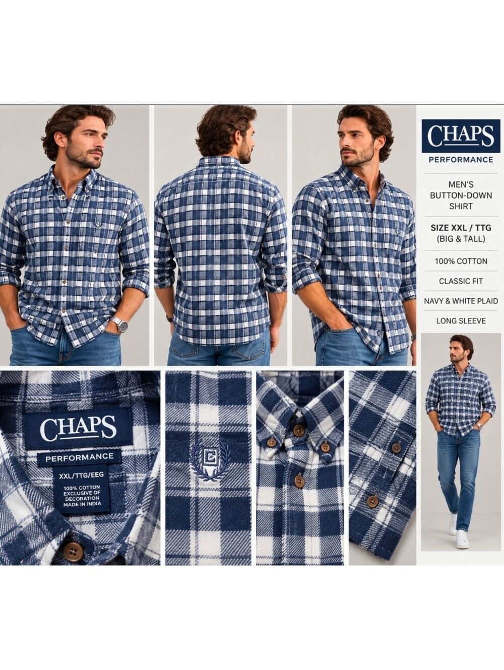 Chaps Performance Mens XXL Blue White Plaid Flannel Shirt 100% Cotton
